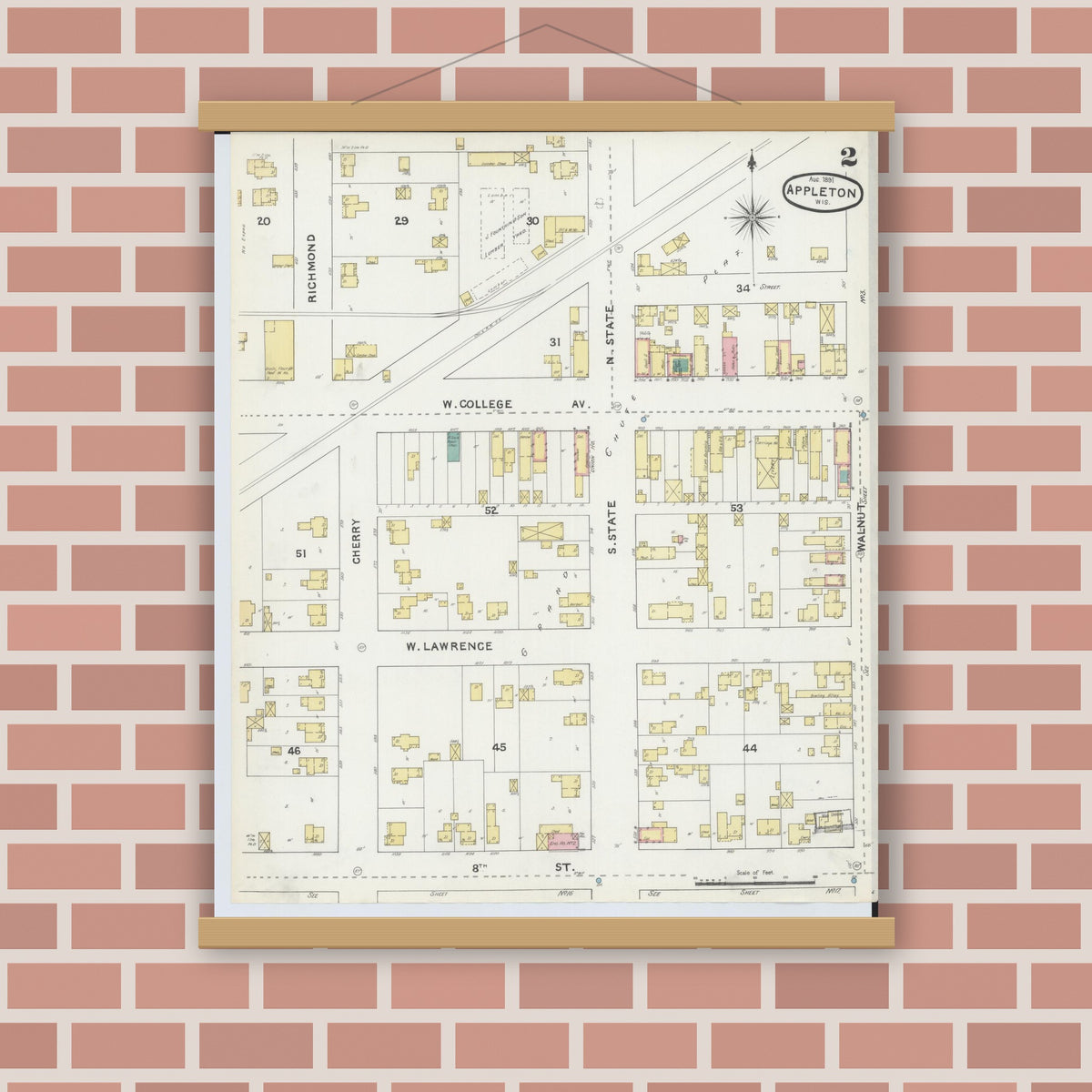 Old map wall art mockup — magnetic wood frame on brick wall — Sanborn Fire Insurance Map from Appleton, Outagamie County, Wisconsin (1891), Sheet #0002