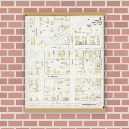 Old map wall art mockup — magnetic wood frame on brick wall — Sanborn Fire Insurance Map from Appleton, Outagamie County, Wisconsin (1891), Sheet #0002