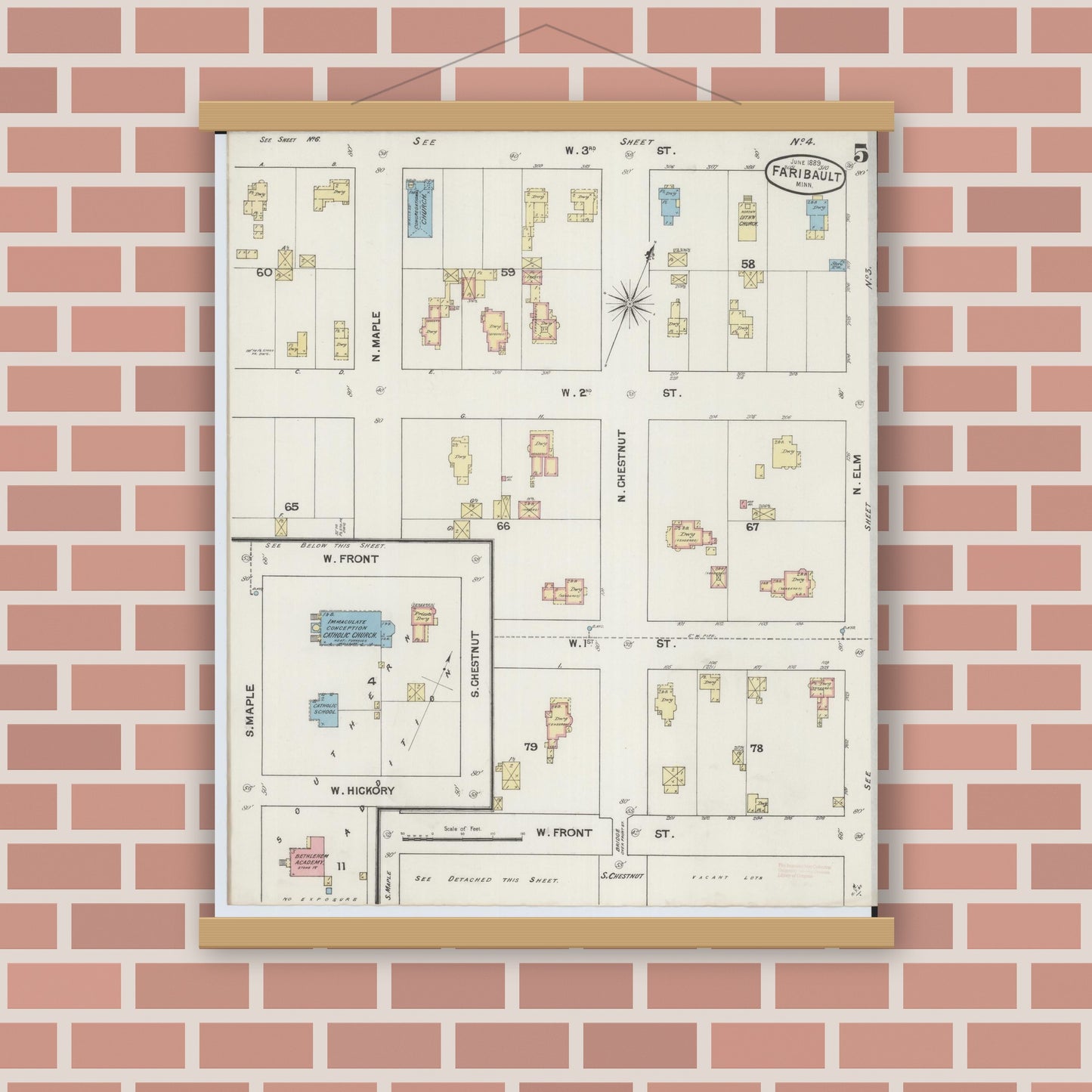 Old map wall art mockup — magnetic wood frame on brick wall — Sanborn Fire Insurance Map from Faribault, Rice County, Minnesota (1889), Sheet #0005