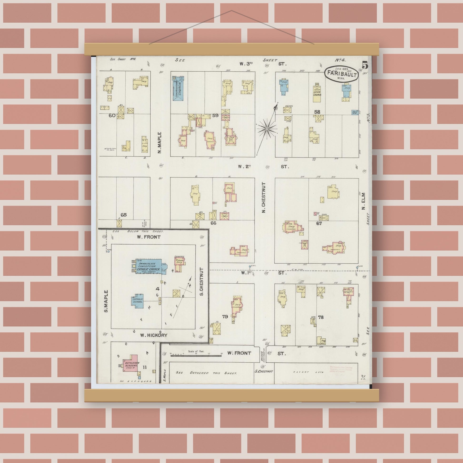 Old map wall art mockup — magnetic wood frame on brick wall — Sanborn Fire Insurance Map from Faribault, Rice County, Minnesota (1889), Sheet #0005