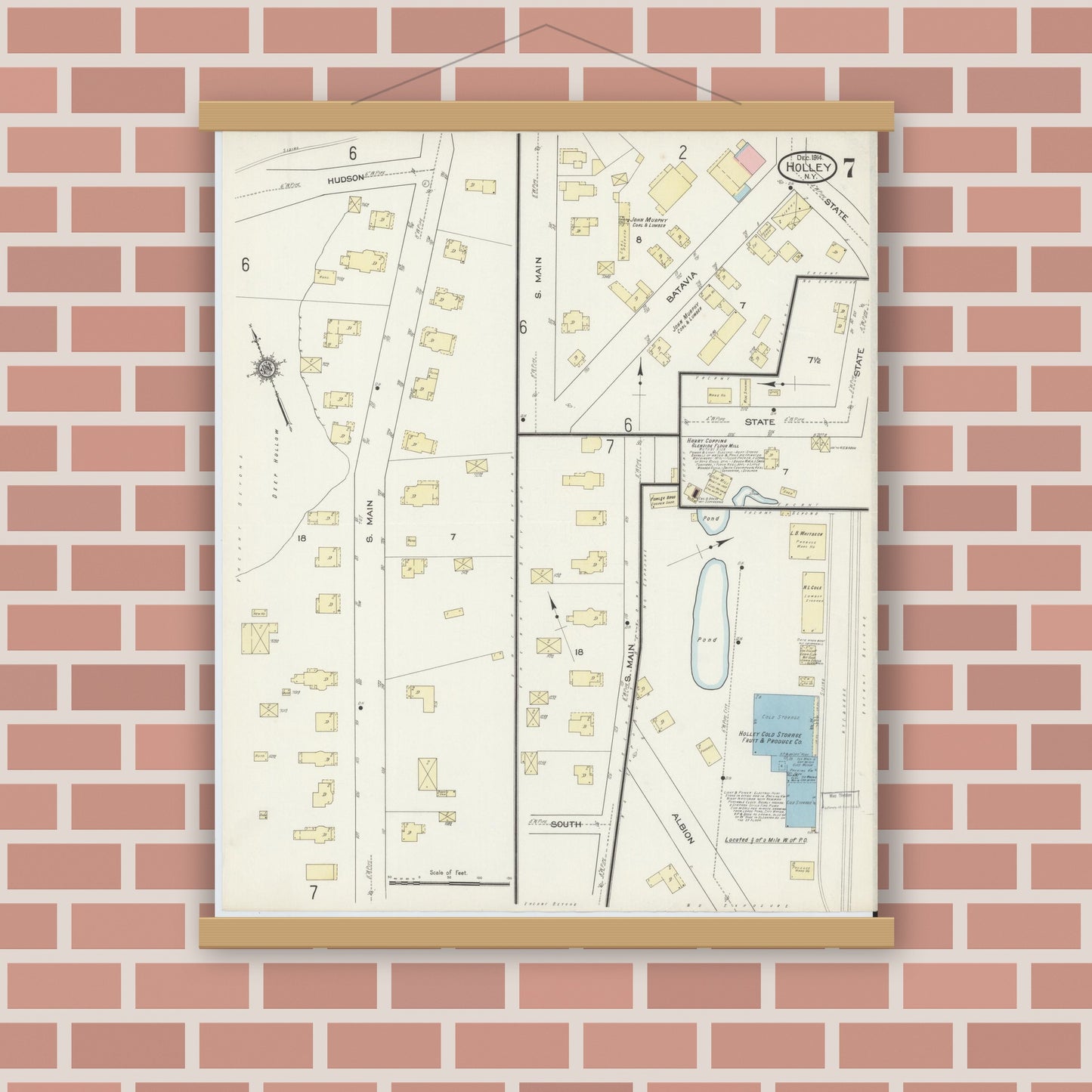 Old map wall art mockup — magnetic wood frame on brick wall — Sanborn Fire Insurance Map from Holley, Orleans County, New York (1914), Sheet #0007