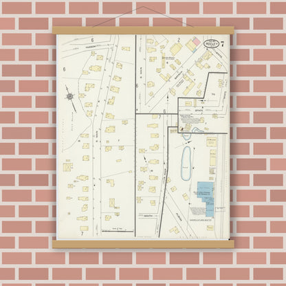 Old map wall art mockup — magnetic wood frame on brick wall — Sanborn Fire Insurance Map from Holley, Orleans County, New York (1914), Sheet #0007