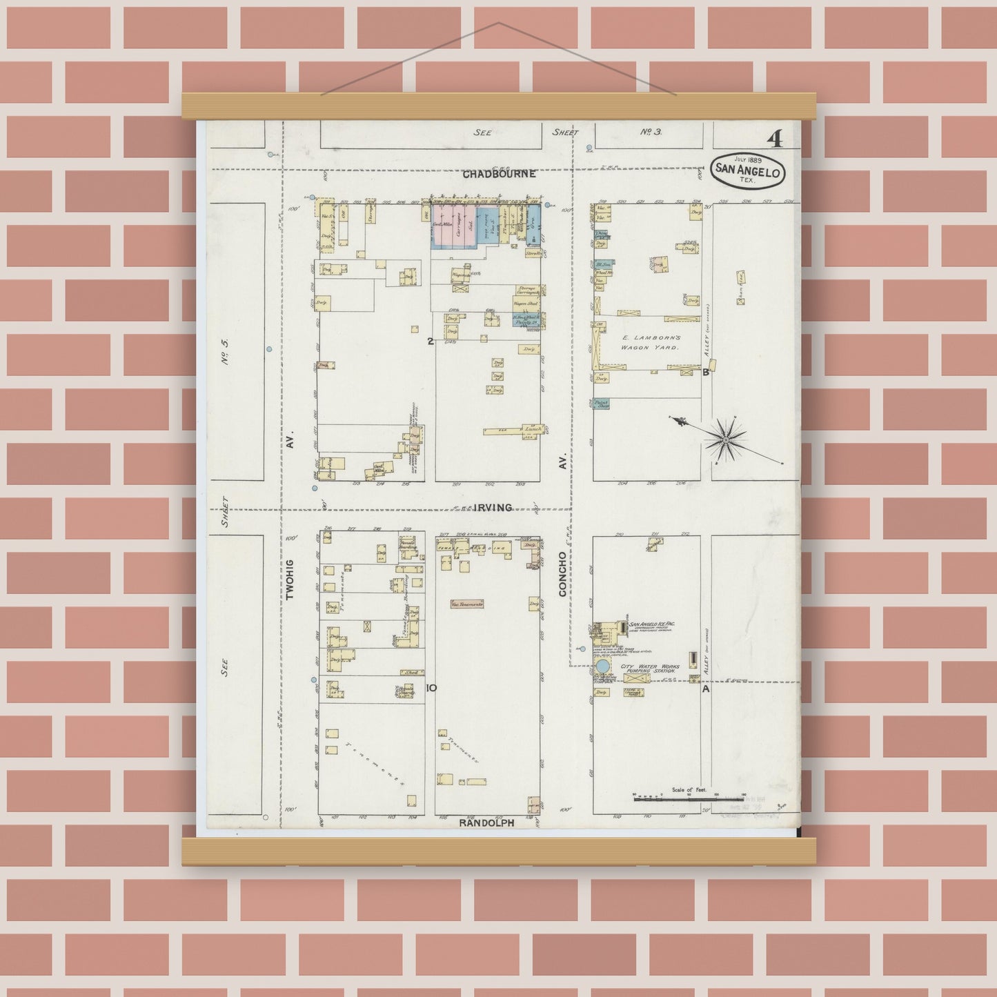 Old map wall art mockup — magnetic wood frame on brick wall — Sanborn Fire Insurance Map from San Angelo, Tom Green County, Texas (1889), Sheet #0004