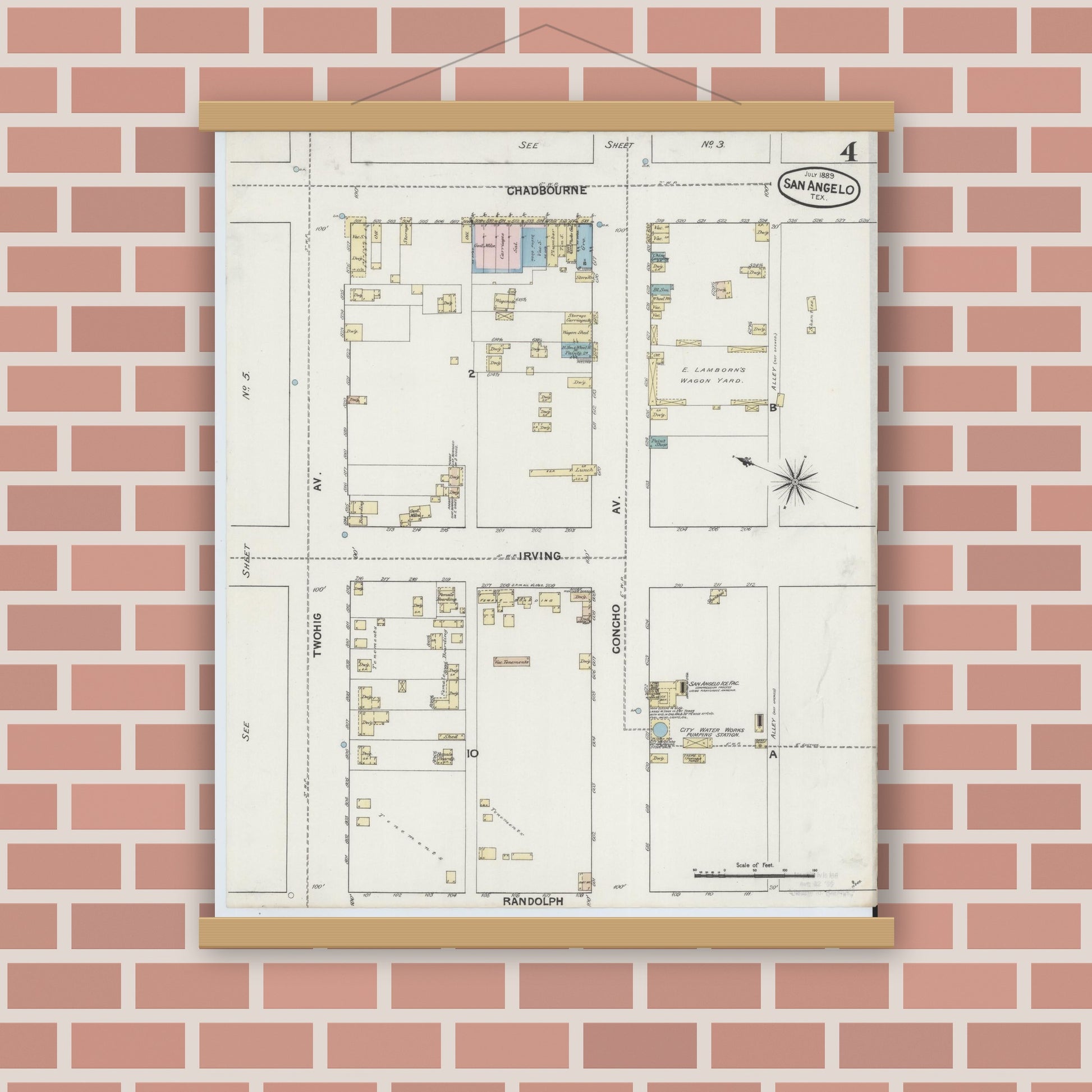 Old map wall art mockup — magnetic wood frame on brick wall — Sanborn Fire Insurance Map from San Angelo, Tom Green County, Texas (1889), Sheet #0004