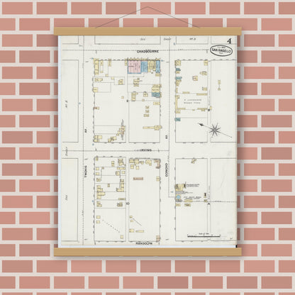 Old map wall art mockup — magnetic wood frame on brick wall — Sanborn Fire Insurance Map from San Angelo, Tom Green County, Texas (1889), Sheet #0004