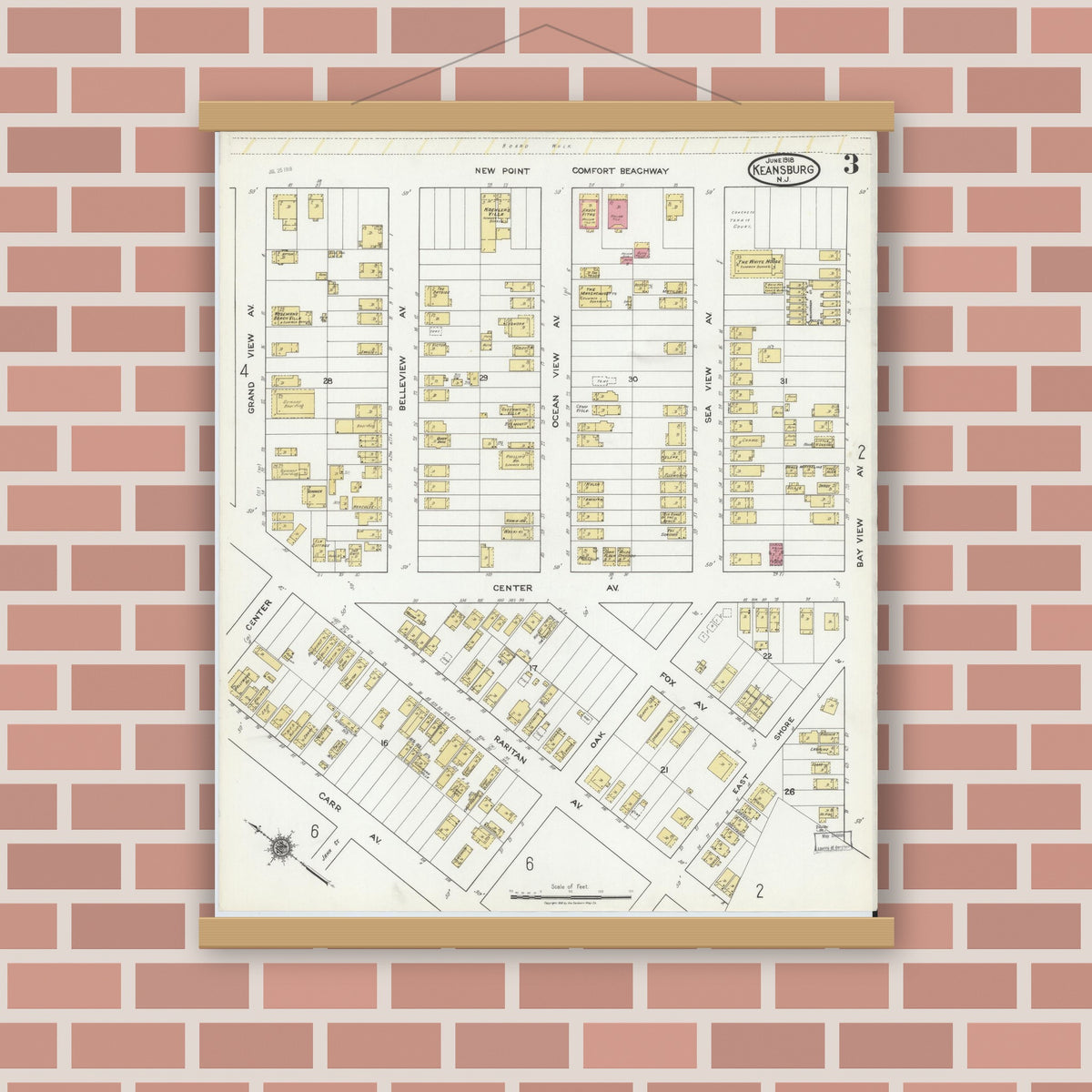 Old map wall art mockup — magnetic wood frame on brick wall — Sanborn Fire Insurance Map from Keansburg, Monmouth County, New Jersey (1918), Sheet #0003