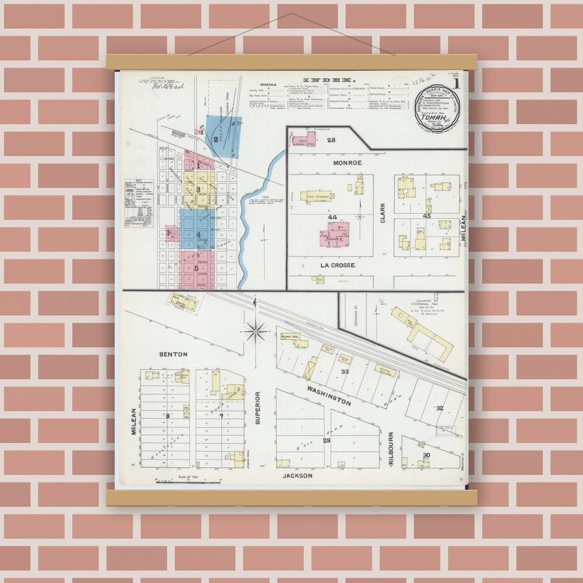 Old map wall art mockup — magnetic wood frame on brick wall — Sanborn Fire Insurance Map from Tomah, Monroe County, Wisconsin (1891) - Complete Map Set