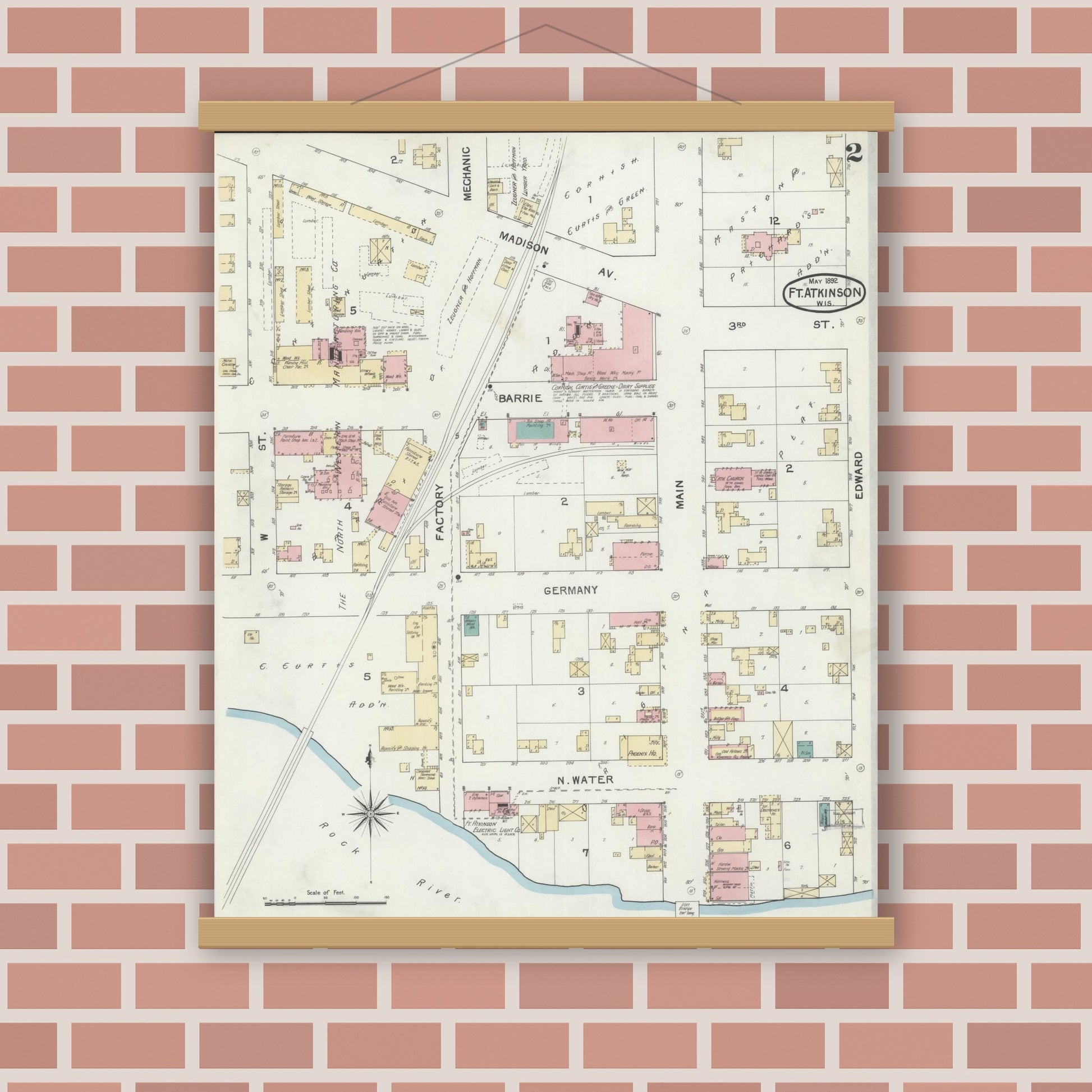 Old map wall art mockup — magnetic wood frame on brick wall — Sanborn Fire Insurance Map from Fort Atkinson, Jefferson County, Wisconsin (1892), Sheet #0002