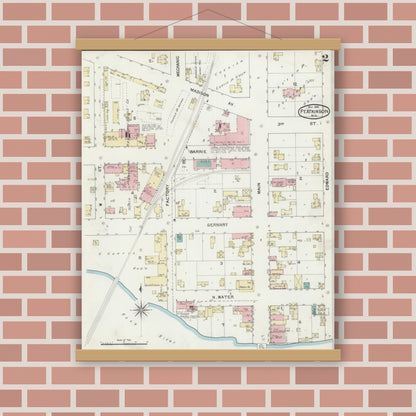 Old map wall art mockup — magnetic wood frame on brick wall — Sanborn Fire Insurance Map from Fort Atkinson, Jefferson County, Wisconsin (1892), Sheet #0002
