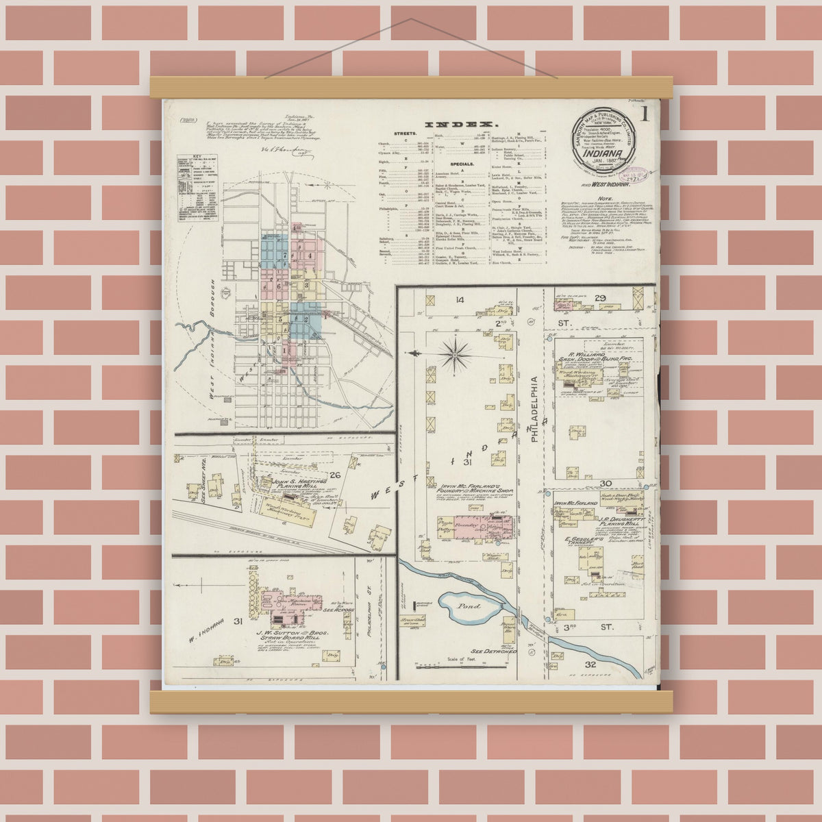 Old map wall art mockup — magnetic wood frame on brick wall — Sanborn Fire Insurance Map from Indiana, Indiana County, Pennsylvania (1887) - Complete Map Set