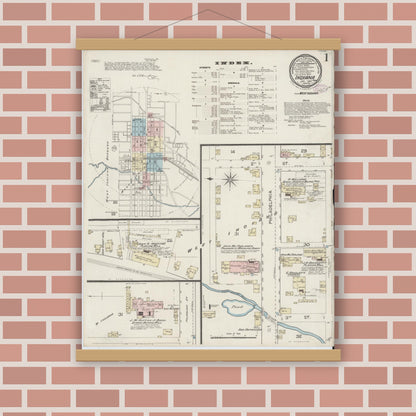 Old map wall art mockup — magnetic wood frame on brick wall — Sanborn Fire Insurance Map from Indiana, Indiana County, Pennsylvania (1887) - Complete Map Set