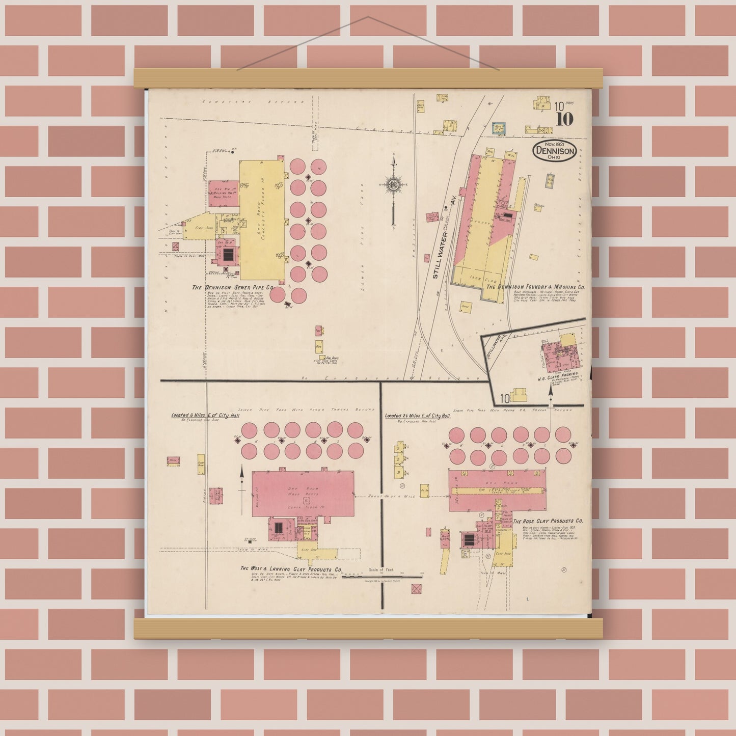 Old map wall art mockup — magnetic wood frame on brick wall — Sanborn Fire Insurance Map from Dennison, Tuscarawas County, Ohio (1921), Sheet #0010