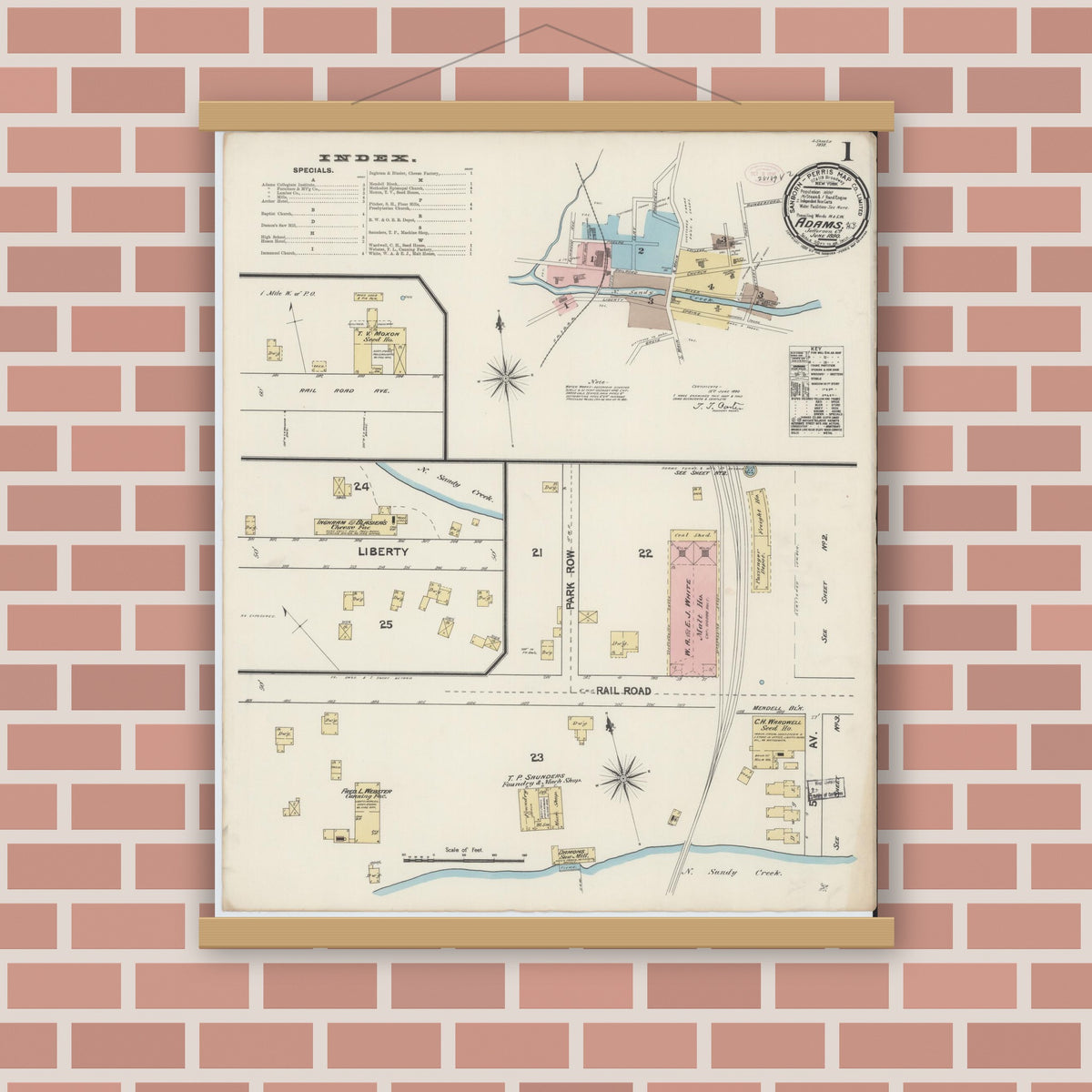 Old map wall art mockup — magnetic wood frame on brick wall — Sanborn Fire Insurance Map from Adams, Jefferson County, New York (1890) - Complete Map Set