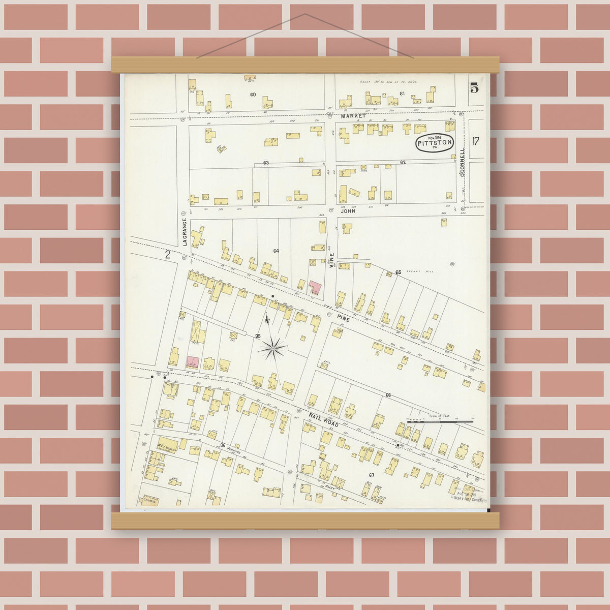 Old map wall art mockup — magnetic wood frame on brick wall — Sanborn Fire Insurance Map from Pittston, Luzerne County, Pennsylvania (1896), Sheet #0005