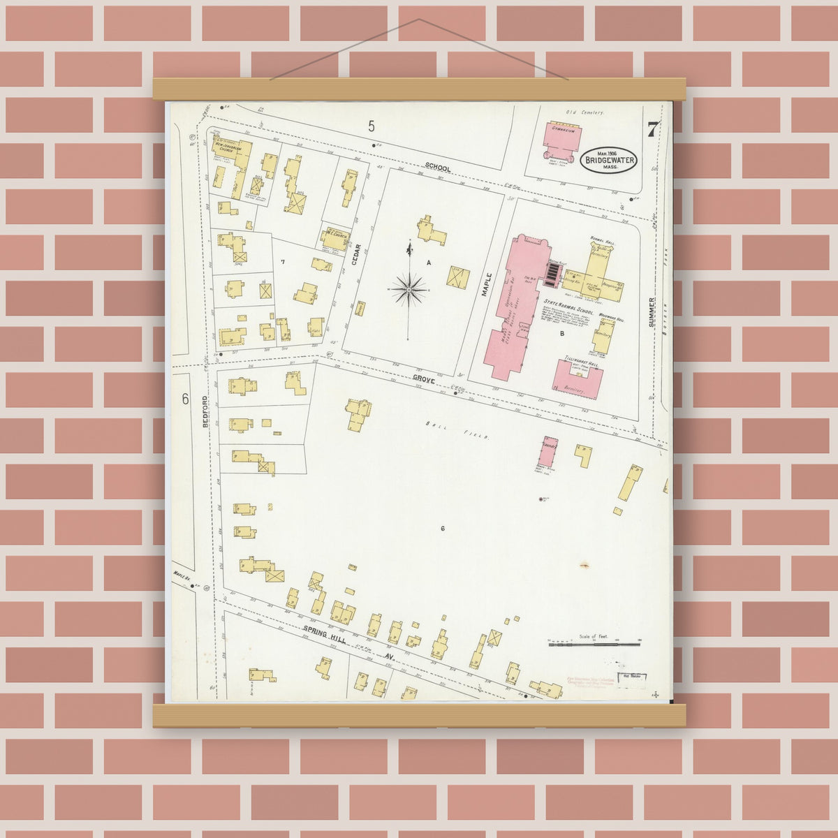 Old map wall art mockup — magnetic wood frame on brick wall — Sanborn Fire Insurance Map from Bridgewater, Plymouth County, Massachusetts (1906), Sheet #0007