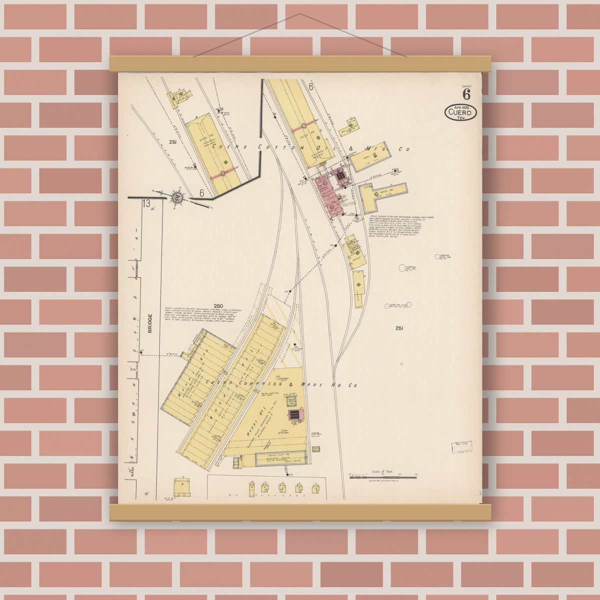 Old map wall art mockup — magnetic wood frame on brick wall — Sanborn Fire Insurance Map from Cuero, De Witt County, Texas (1922), Sheet #0006