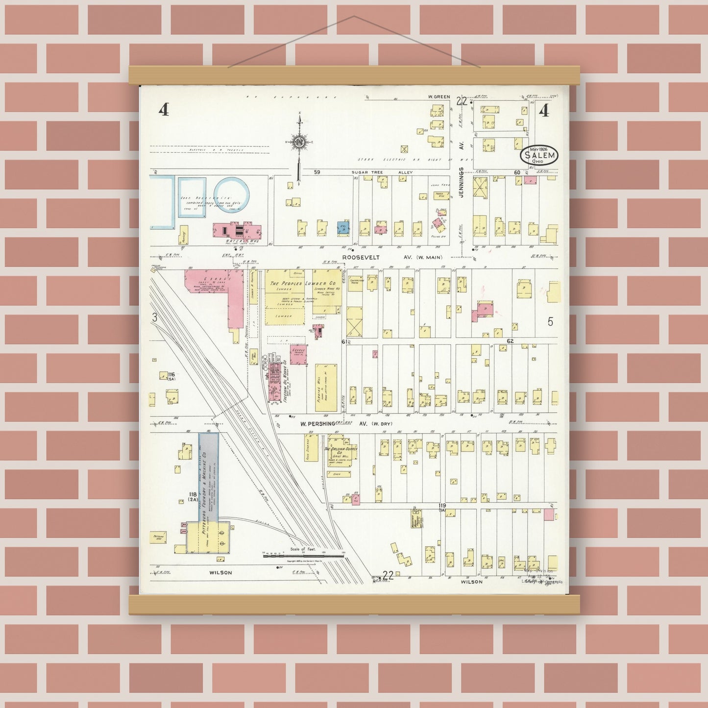 Old map wall art mockup — magnetic wood frame on brick wall — Sanborn Fire Insurance Map from Salem, Columbiana County, Ohio (1926), Sheet #0004
