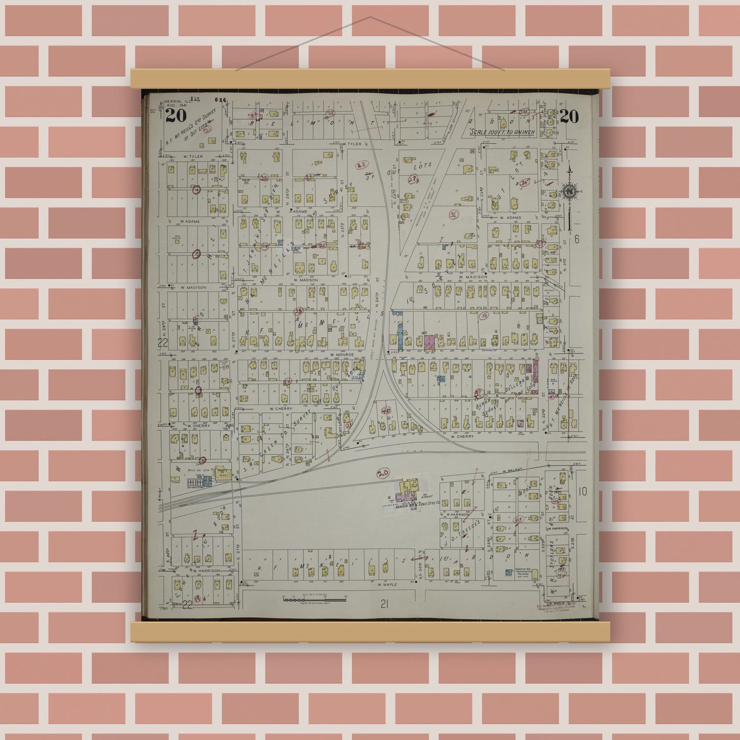 Old map wall art mockup — magnetic wood frame on brick wall — Sanborn Fire Insurance Map from Herrin, Williamson County, Illinois (1947), Sheet #0020