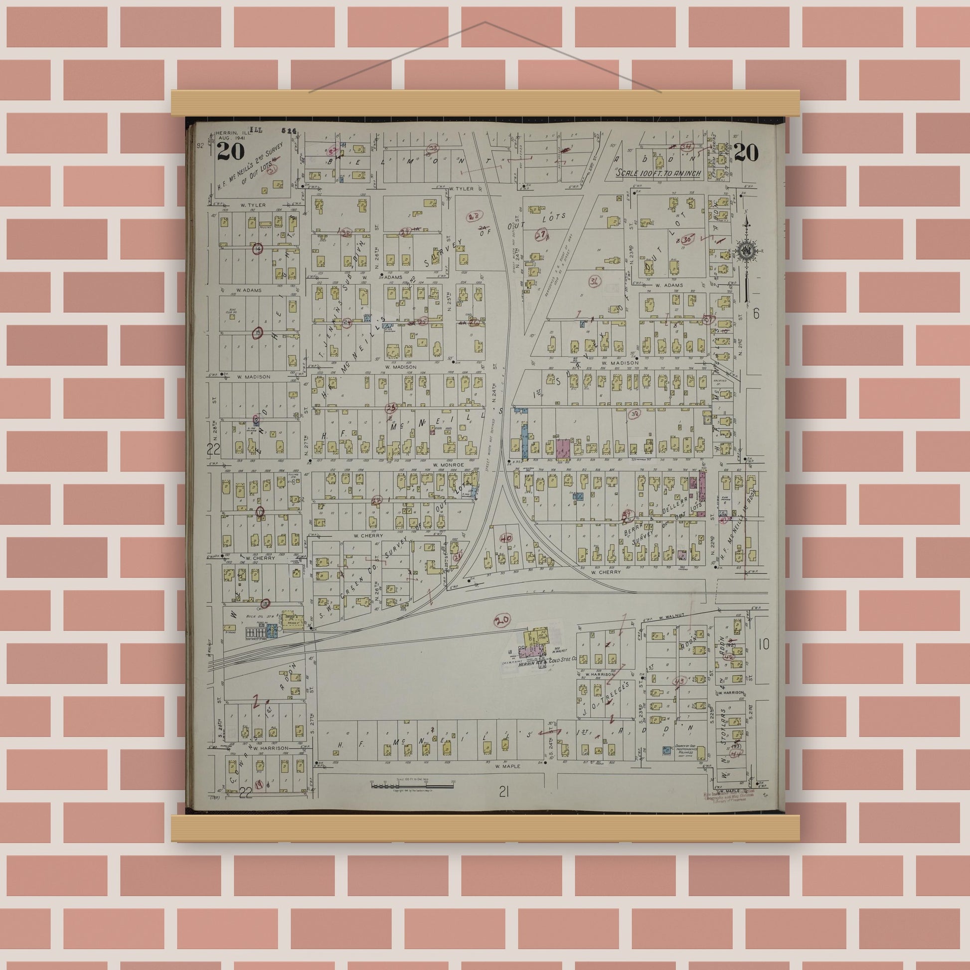 Old map wall art mockup — magnetic wood frame on brick wall — Sanborn Fire Insurance Map from Herrin, Williamson County, Illinois (1947), Sheet #0020