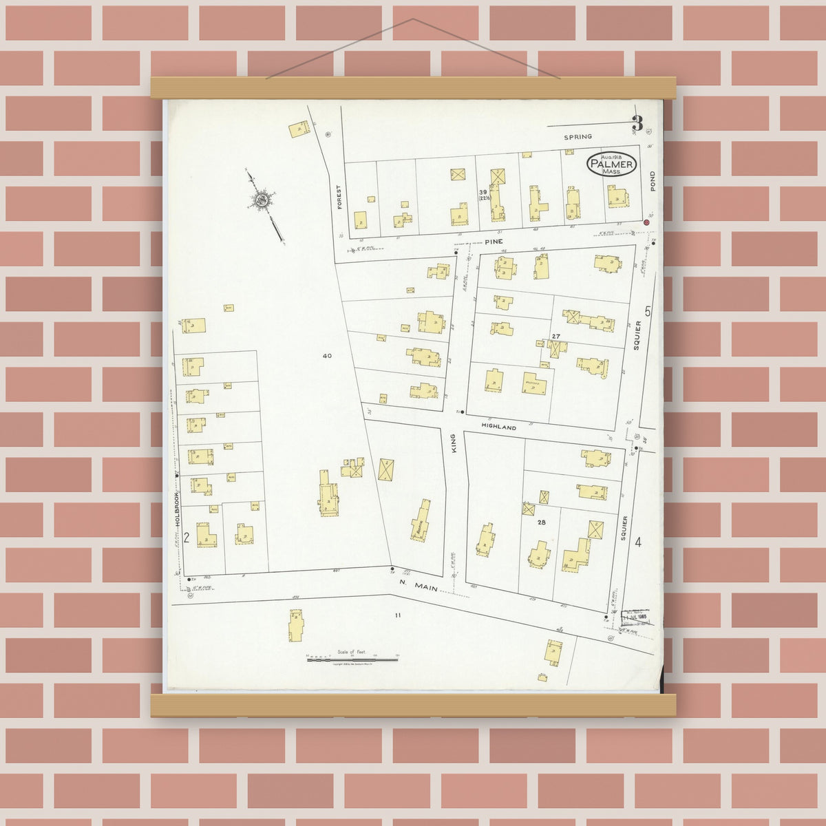Old map wall art mockup — magnetic wood frame on brick wall — Sanborn Fire Insurance Map from Palmer, Hampden County, Massachusetts (1918), Sheet #0003