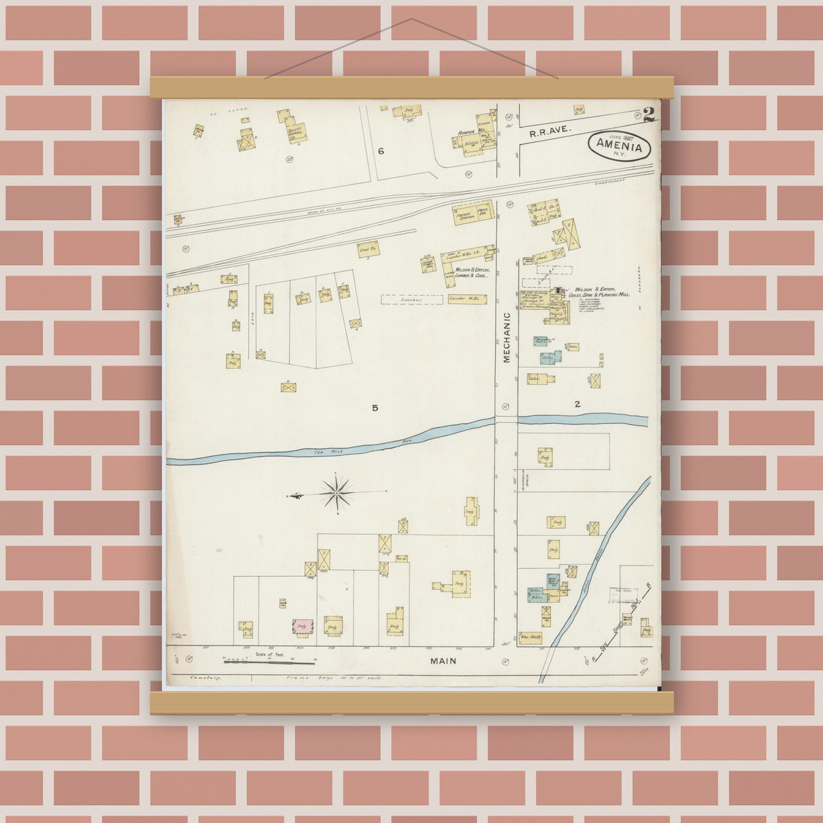 Old map wall art mockup — magnetic wood frame on brick wall — Sanborn Fire Insurance Map from Amenia, Dutchess County, New York (1887), Sheet #0002