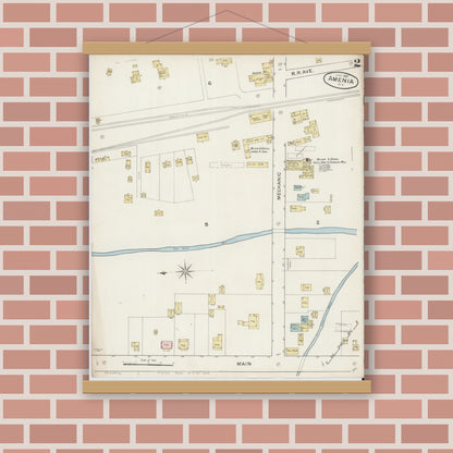 Old map wall art mockup — magnetic wood frame on brick wall — Sanborn Fire Insurance Map from Amenia, Dutchess County, New York (1887), Sheet #0002