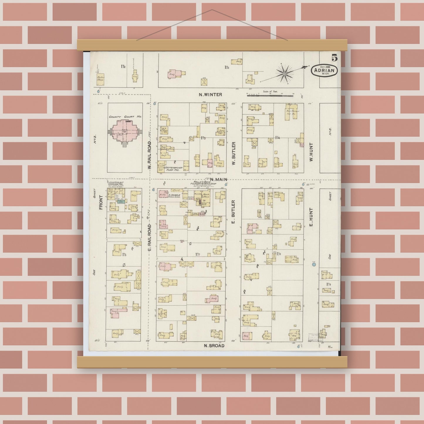 Old map wall art mockup — magnetic wood frame on brick wall — Sanborn Fire Insurance Map from Adrian, Lenawee County, Michigan (1888), Sheet #0005