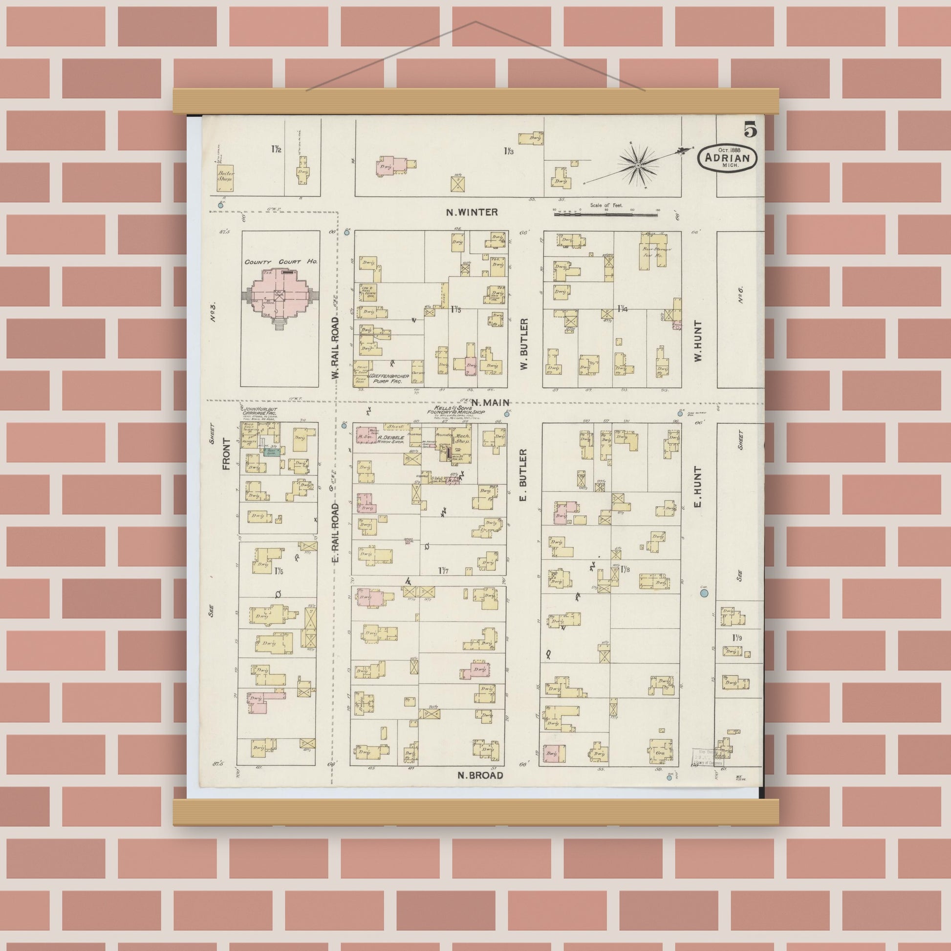 Old map wall art mockup — magnetic wood frame on brick wall — Sanborn Fire Insurance Map from Adrian, Lenawee County, Michigan (1888), Sheet #0005