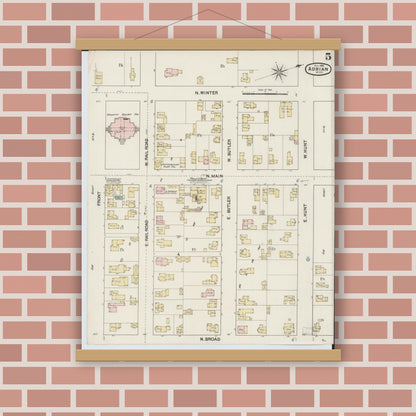 Old map wall art mockup — magnetic wood frame on brick wall — Sanborn Fire Insurance Map from Adrian, Lenawee County, Michigan (1888), Sheet #0005