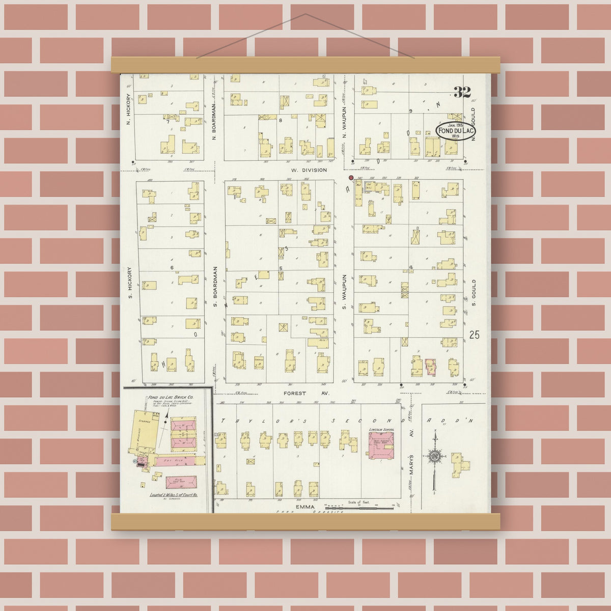 Old map wall art mockup — magnetic wood frame on brick wall — Sanborn Fire Insurance Map from Fond du Lac, Fond du Lac County, Wisconsin (1915), Sheet #0032