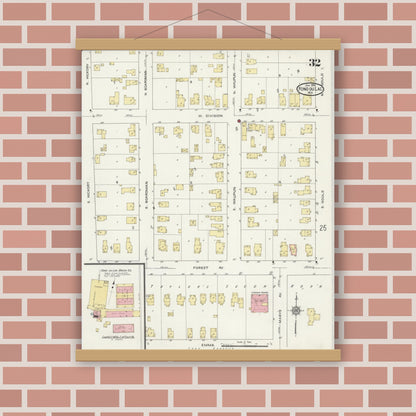 Old map wall art mockup — magnetic wood frame on brick wall — Sanborn Fire Insurance Map from Fond du Lac, Fond du Lac County, Wisconsin (1915), Sheet #0032