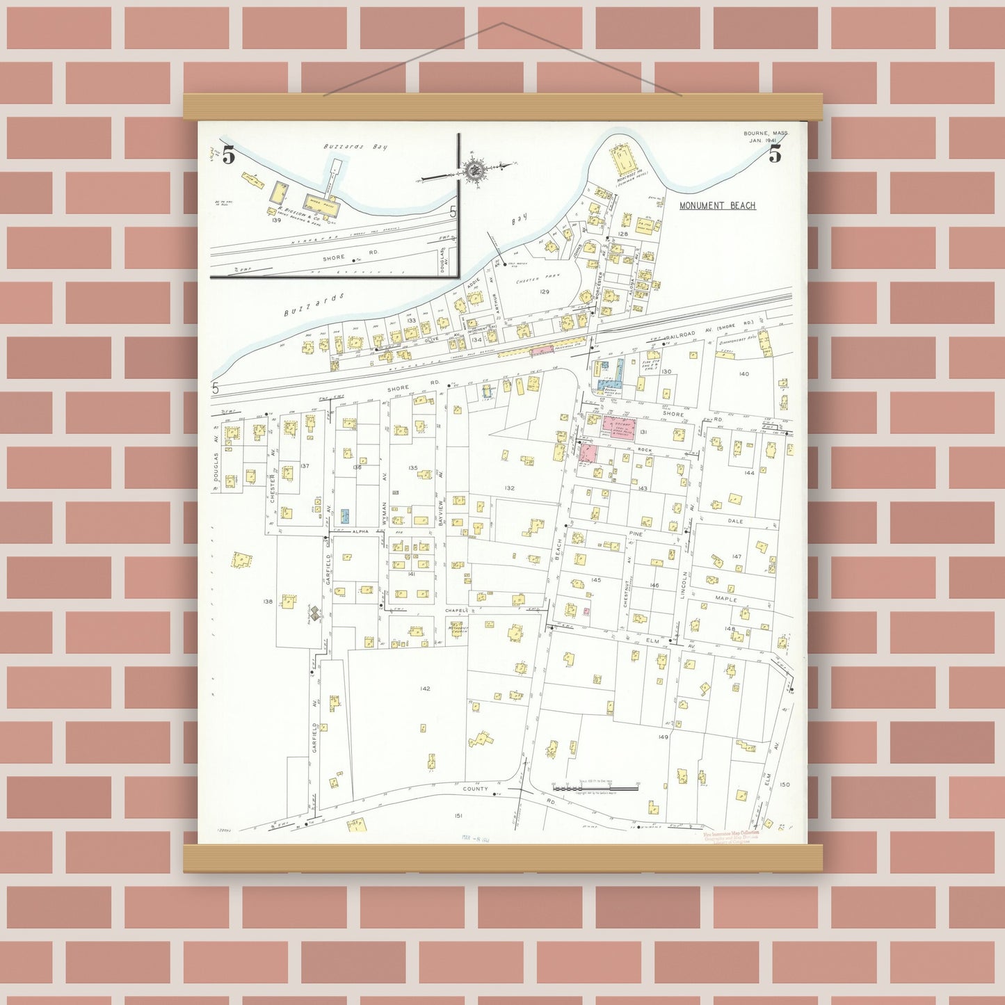 Old map wall art mockup — magnetic wood frame on brick wall — Sanborn Fire Insurance Map from Bourne, Barnstable County, Massachusetts (1941), Sheet #0005