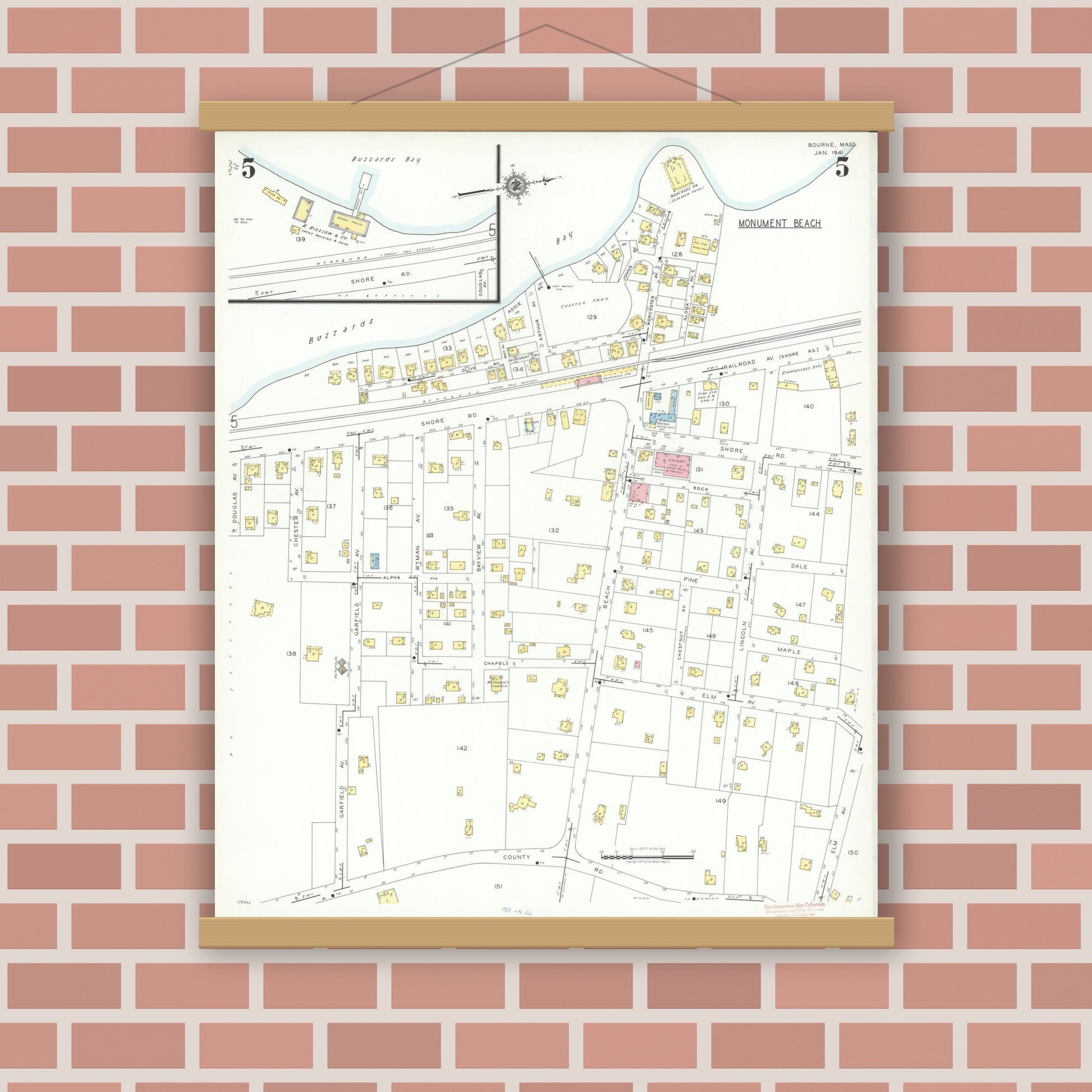 Old map wall art mockup — magnetic wood frame on brick wall — Sanborn Fire Insurance Map from Bourne, Barnstable County, Massachusetts (1941), Sheet #0005