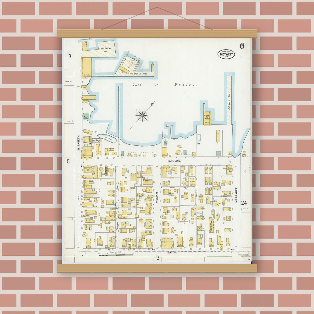 Old map wall art mockup — magnetic wood frame on brick wall — Sanborn Fire Insurance Map from Key West, Monroe County, Florida (1899), Sheet #0006