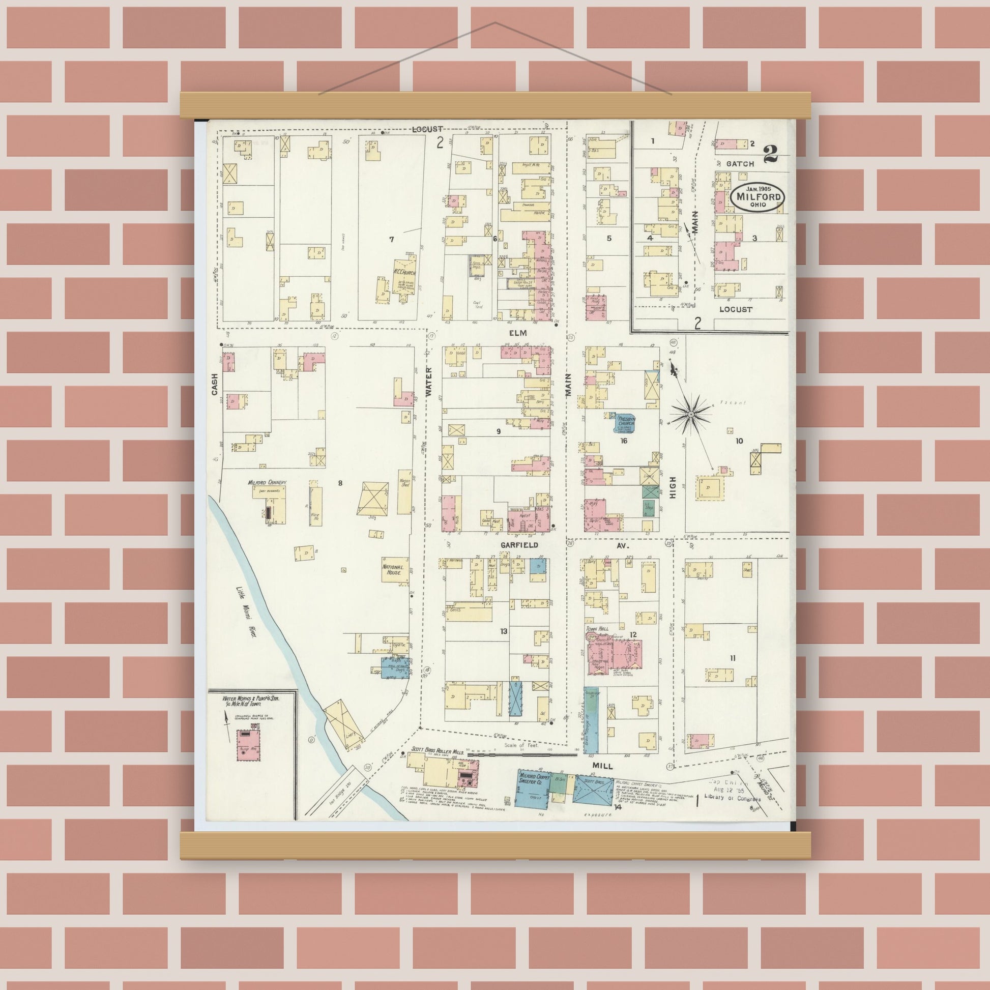 Old map wall art mockup — magnetic wood frame on brick wall — Sanborn Fire Insurance Map from Milford, Clermont And Hamilton County, Ohio (1905), Sheet #0002