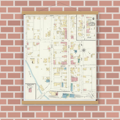 Old map wall art mockup — magnetic wood frame on brick wall — Sanborn Fire Insurance Map from Milford, Clermont And Hamilton County, Ohio (1905), Sheet #0002