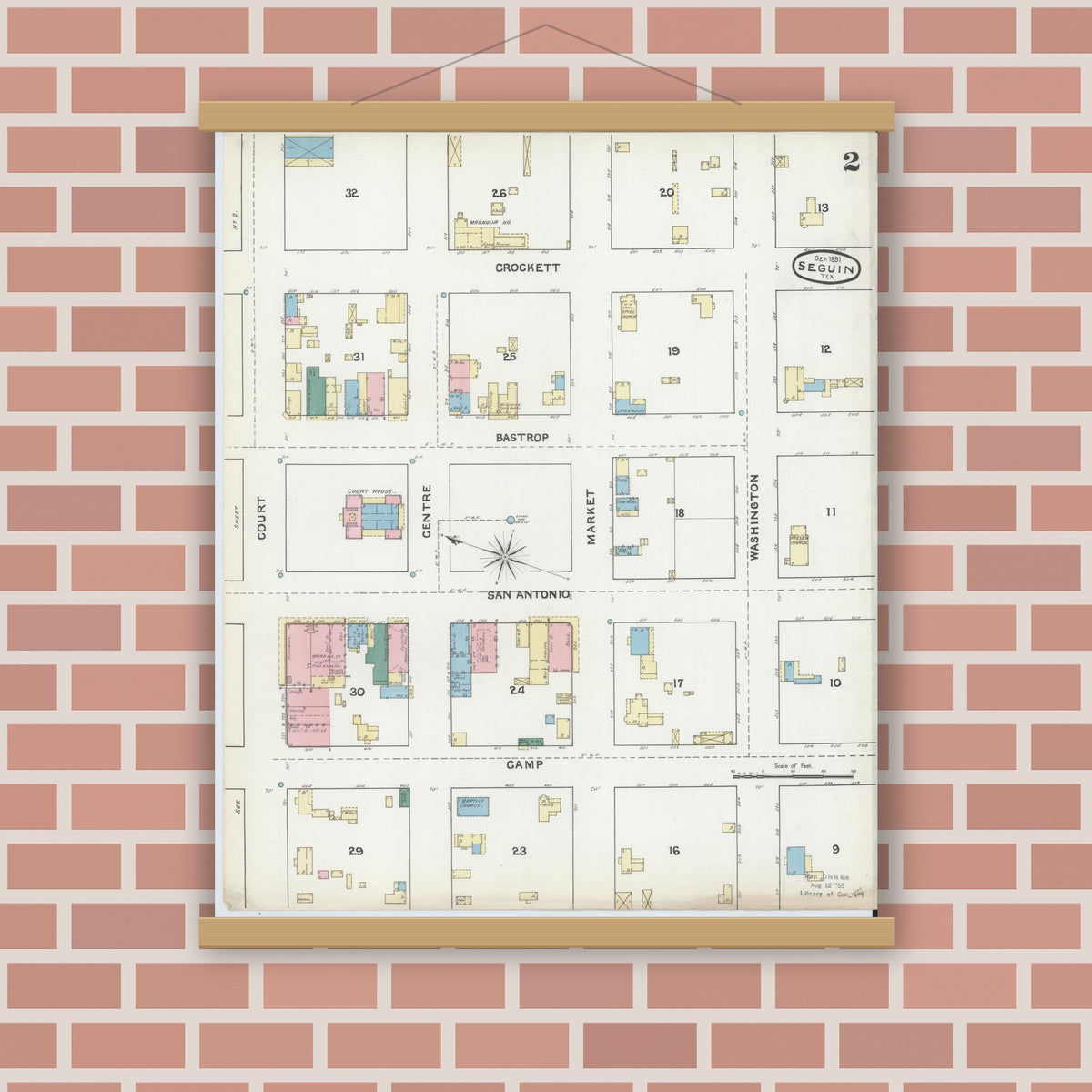 Old map wall art mockup — magnetic wood frame on brick wall — Sanborn Fire Insurance Map from Seguin, Guadalupe County, Texas (1891), Sheet #0002