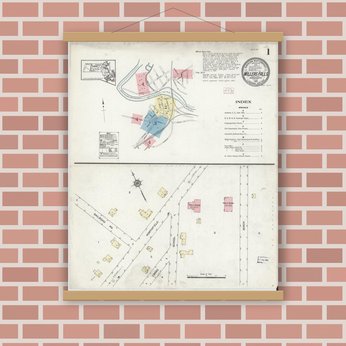 Old map wall art mockup — magnetic wood frame on brick wall — Sanborn Fire Insurance Map from Millers Falls, Franklin County, Massachusetts (1914), Sheet #0001