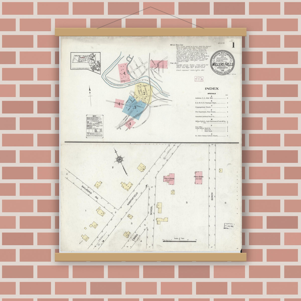 Old map wall art mockup — magnetic wood frame on brick wall — Sanborn Fire Insurance Map from Millers Falls, Franklin County, Massachusetts (1914), Sheet #0001