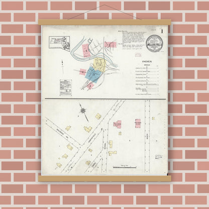 Old map wall art mockup — magnetic wood frame on brick wall — Sanborn Fire Insurance Map from Millers Falls, Franklin County, Massachusetts (1914), Sheet #0001
