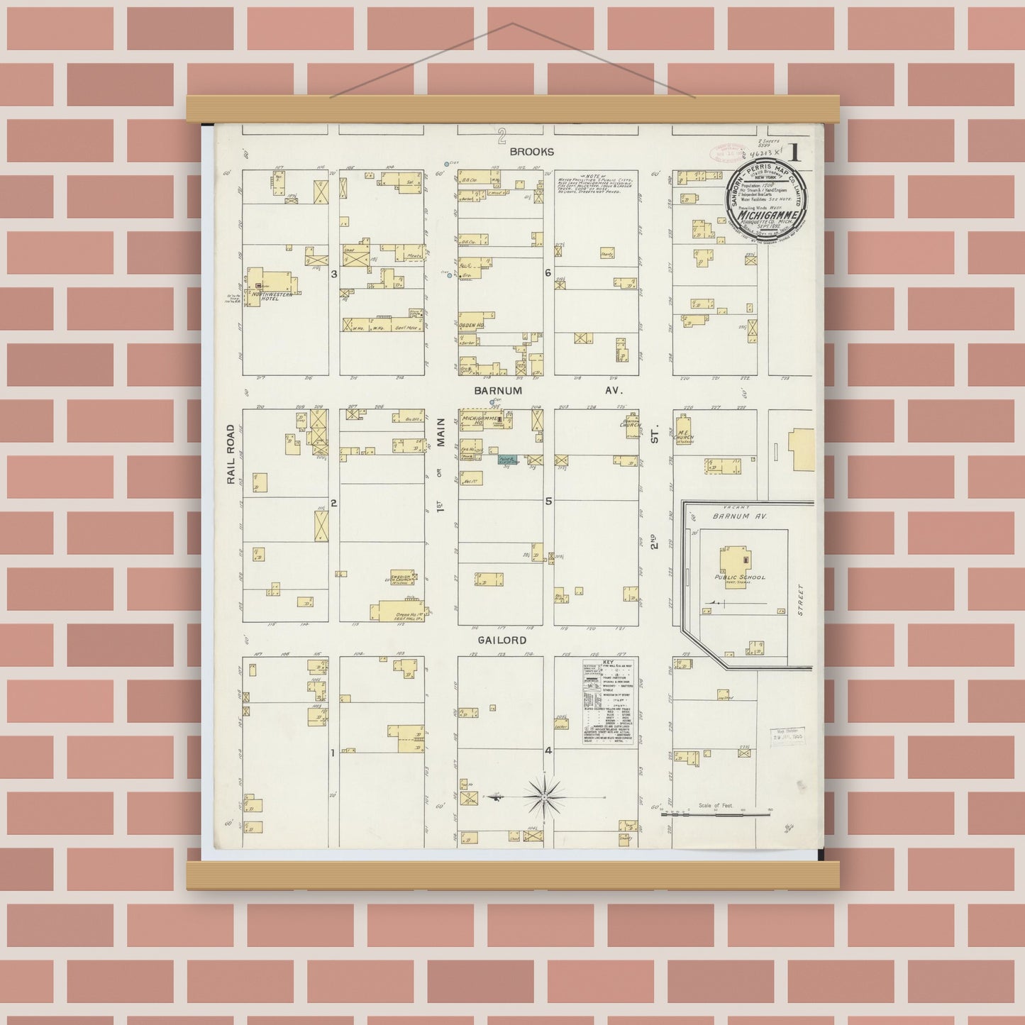 Old map wall art mockup — magnetic wood frame on brick wall — Sanborn Fire Insurance Map from Michigamme, Marquette County, Michigan (1892) - Complete Map Set