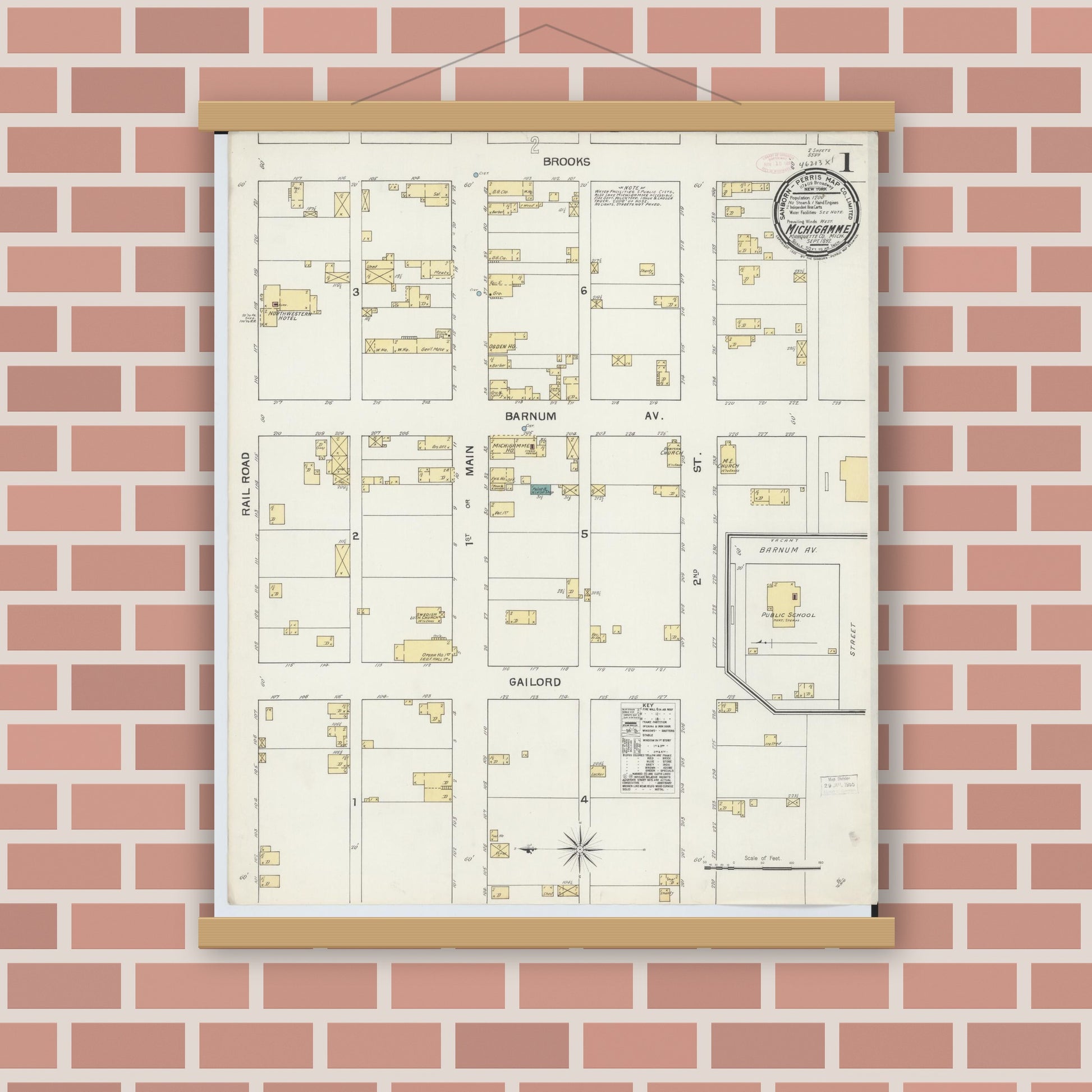 Old map wall art mockup — magnetic wood frame on brick wall — Sanborn Fire Insurance Map from Michigamme, Marquette County, Michigan (1892) - Complete Map Set