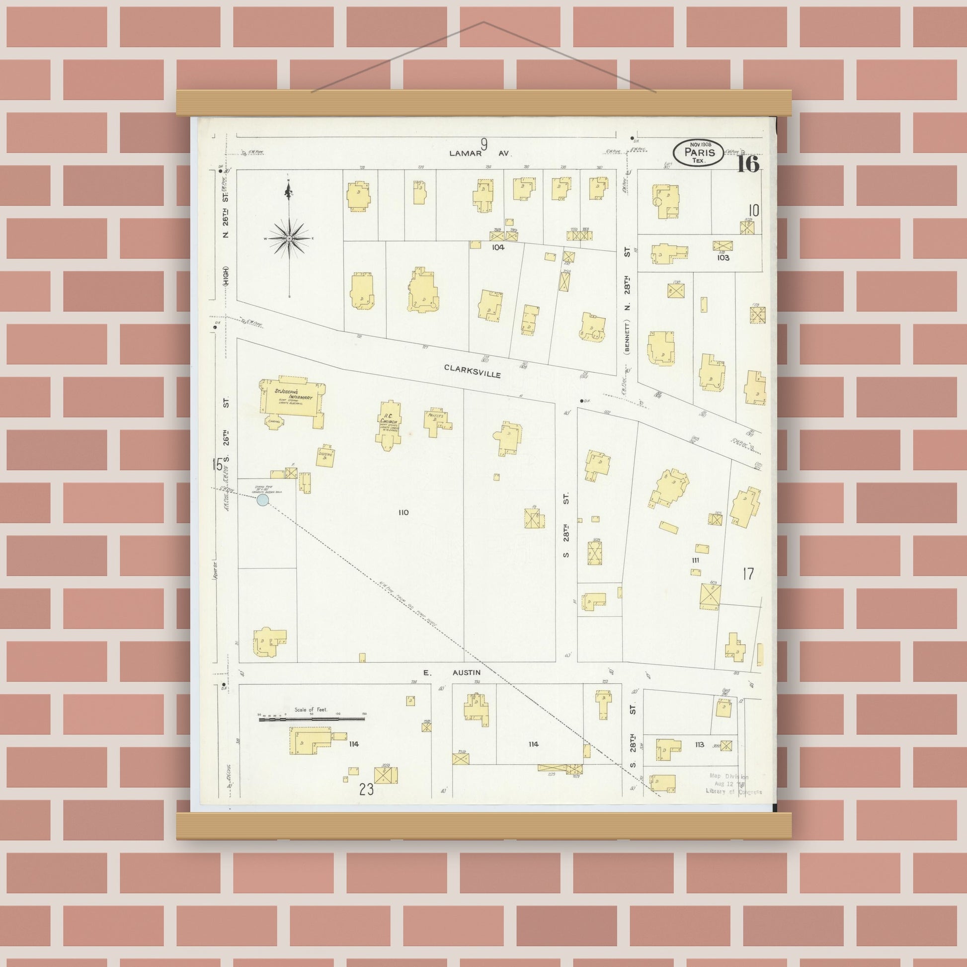 Old map wall art mockup — magnetic wood frame on brick wall — Sanborn Fire Insurance Map from Paris, Lamar County, Texas (1908), Sheet #0016