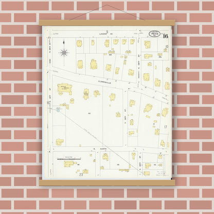 Old map wall art mockup — magnetic wood frame on brick wall — Sanborn Fire Insurance Map from Paris, Lamar County, Texas (1908), Sheet #0016