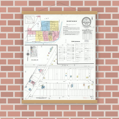 Old map wall art mockup — magnetic wood frame on brick wall — Sanborn Fire Insurance Map from New Madrid, New Madrid County, Missouri (1950) - Complete Map Set
