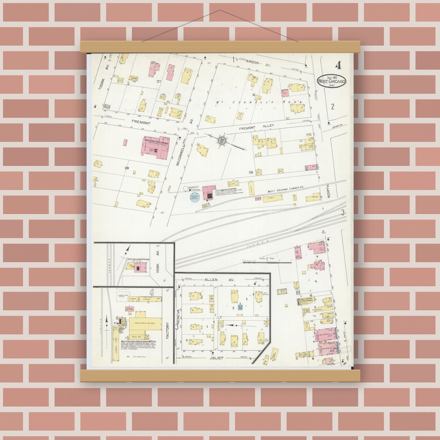 Old map wall art mockup — magnetic wood frame on brick wall — Sanborn Fire Insurance Map from West Chicago, Du Page County, Illinois (1912), Sheet #0004
