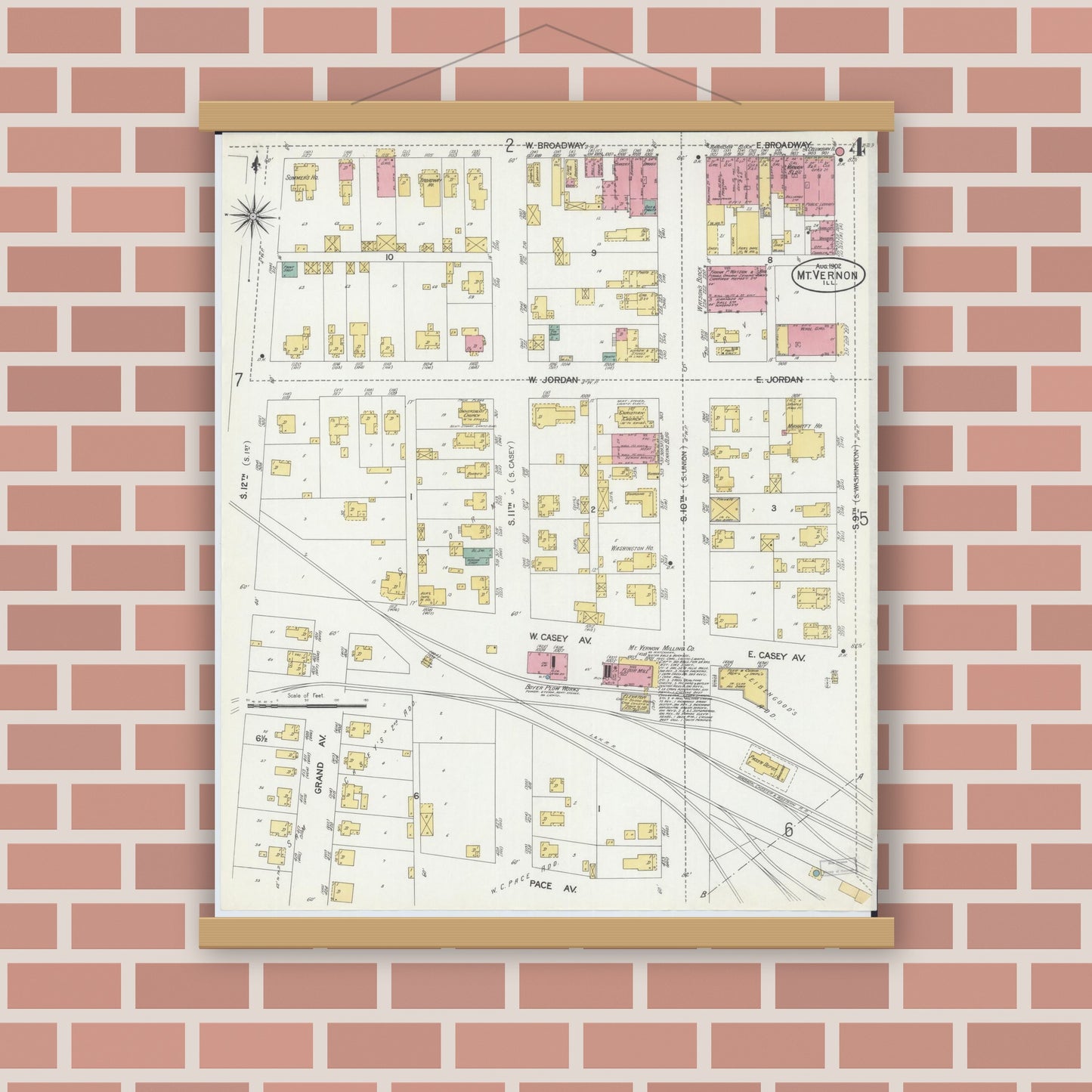 Old map wall art mockup — magnetic wood frame on brick wall — Sanborn Fire Insurance Map from Mount Vernon, Jefferson County, Illinois (1902), Sheet #0004