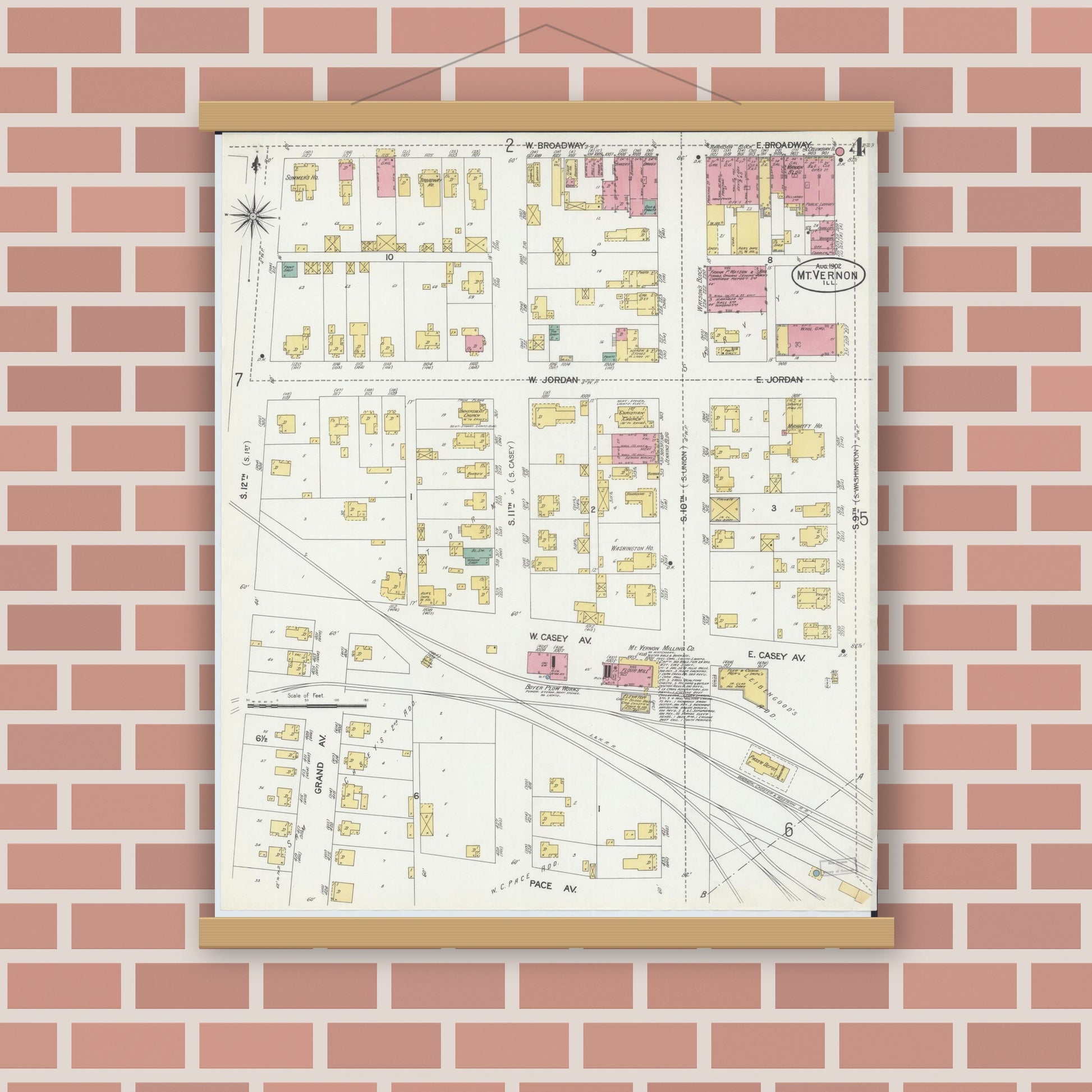 Old map wall art mockup — magnetic wood frame on brick wall — Sanborn Fire Insurance Map from Mount Vernon, Jefferson County, Illinois (1902), Sheet #0004