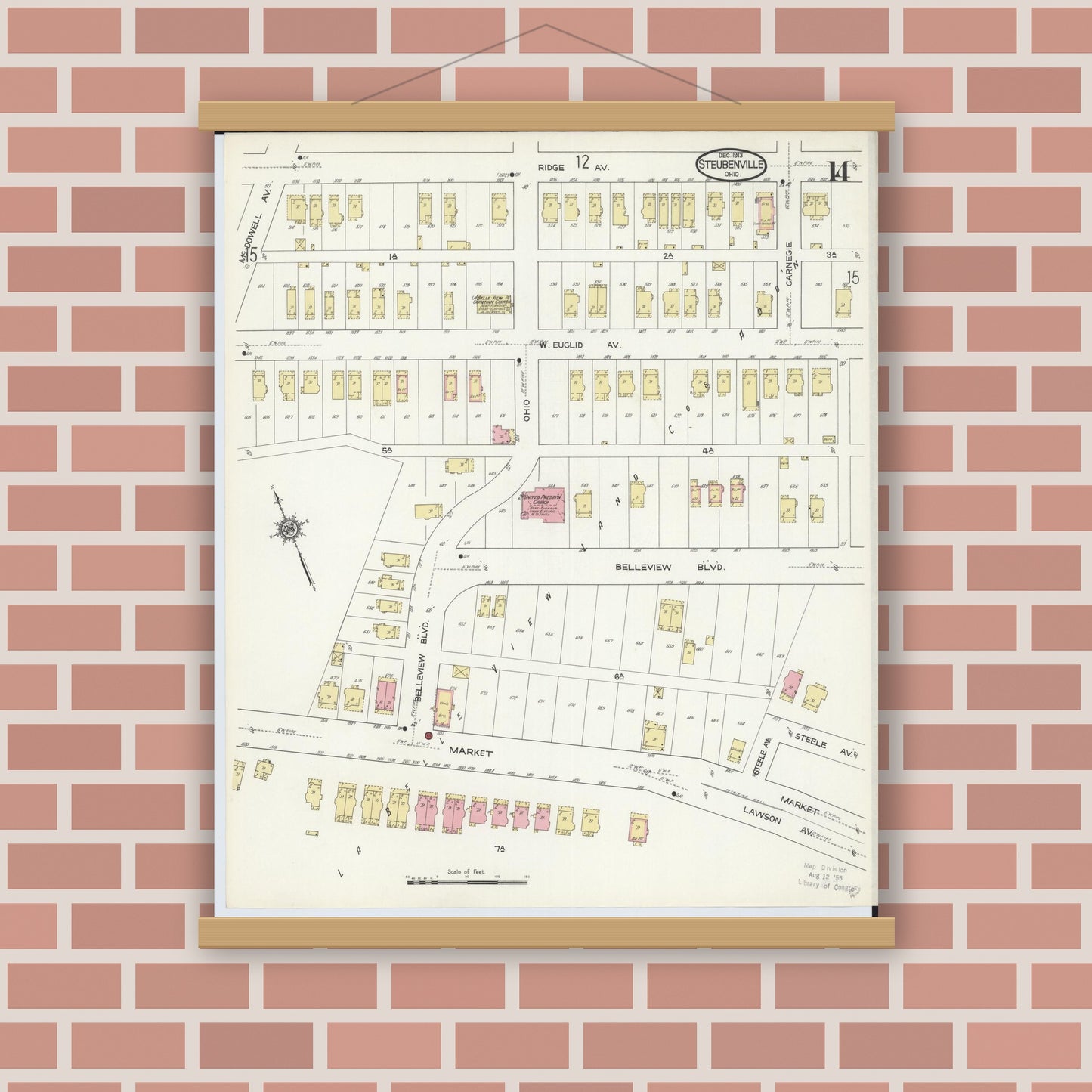 Old map wall art mockup — magnetic wood frame on brick wall — Sanborn Fire Insurance Map from Steubenville, Jefferson County, Ohio (1913), Sheet #0014