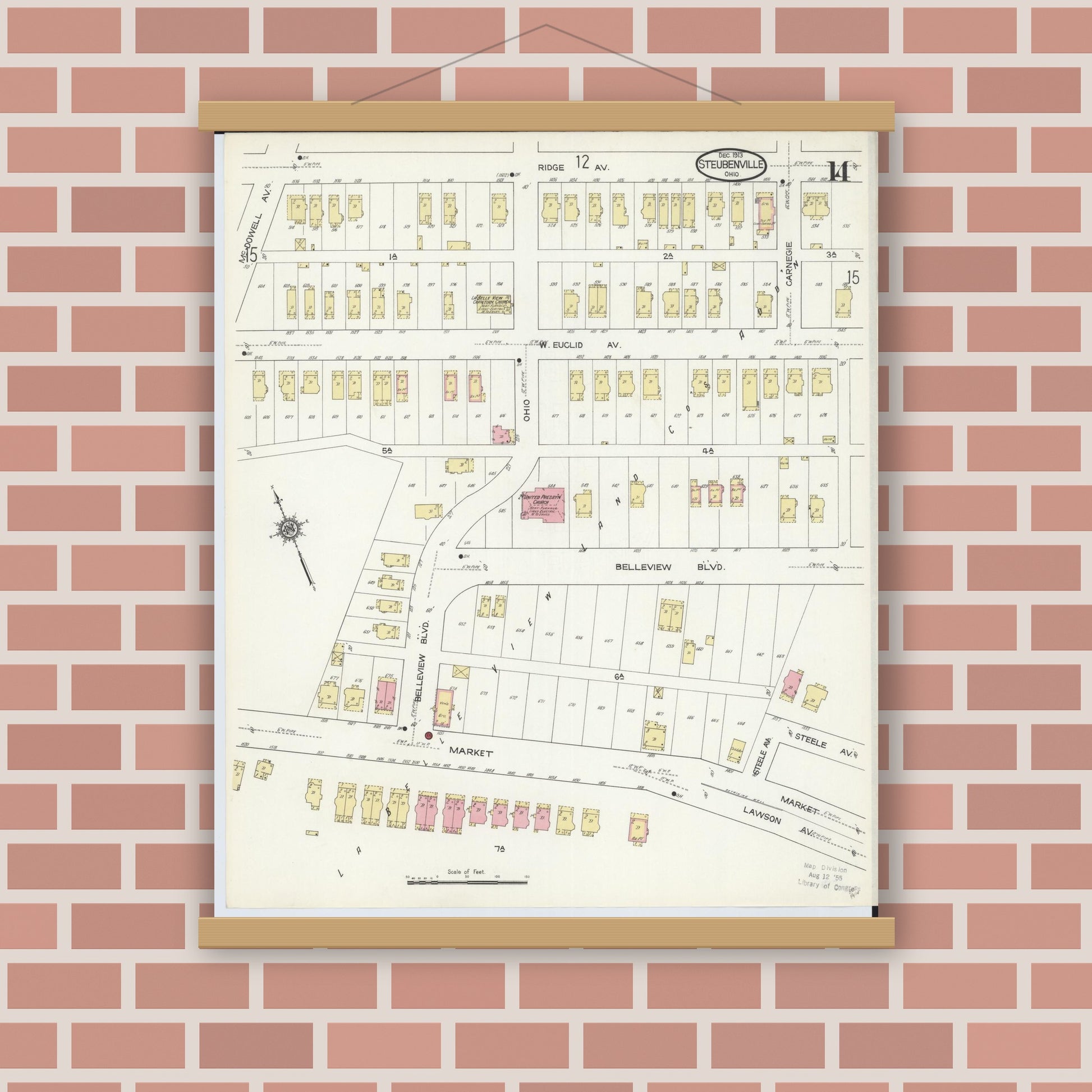 Old map wall art mockup — magnetic wood frame on brick wall — Sanborn Fire Insurance Map from Steubenville, Jefferson County, Ohio (1913), Sheet #0014